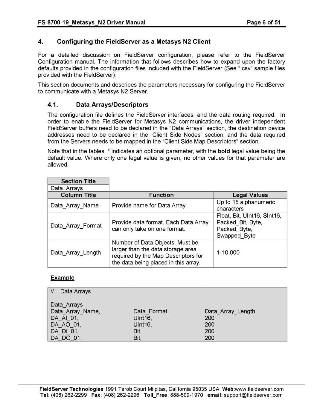 FieldServer FS-8700-19 instruction manual Configuring the FieldServer as a Metasys N2 Client, Data Arrays/Descriptors 