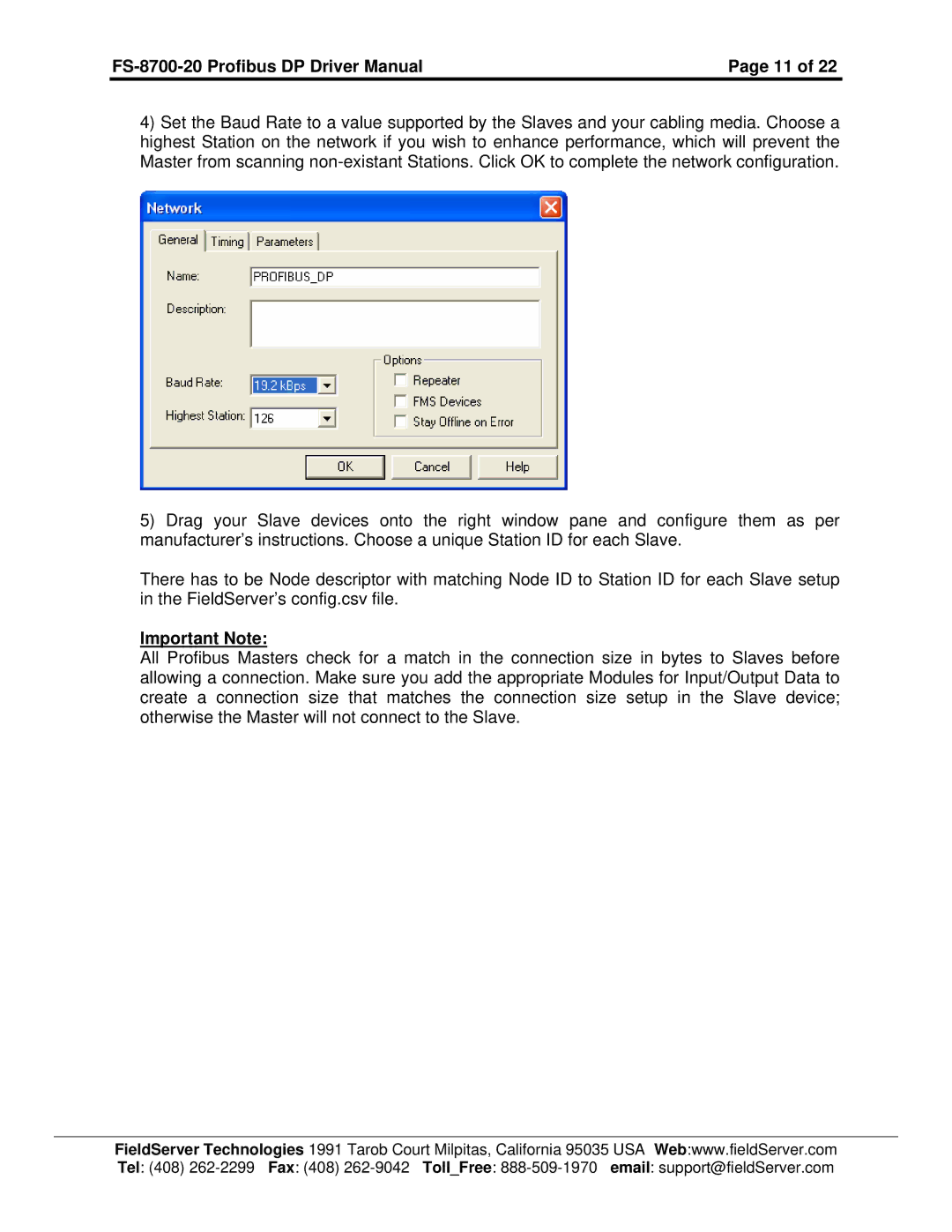 FieldServer FS-8700-20 instruction manual Important Note 