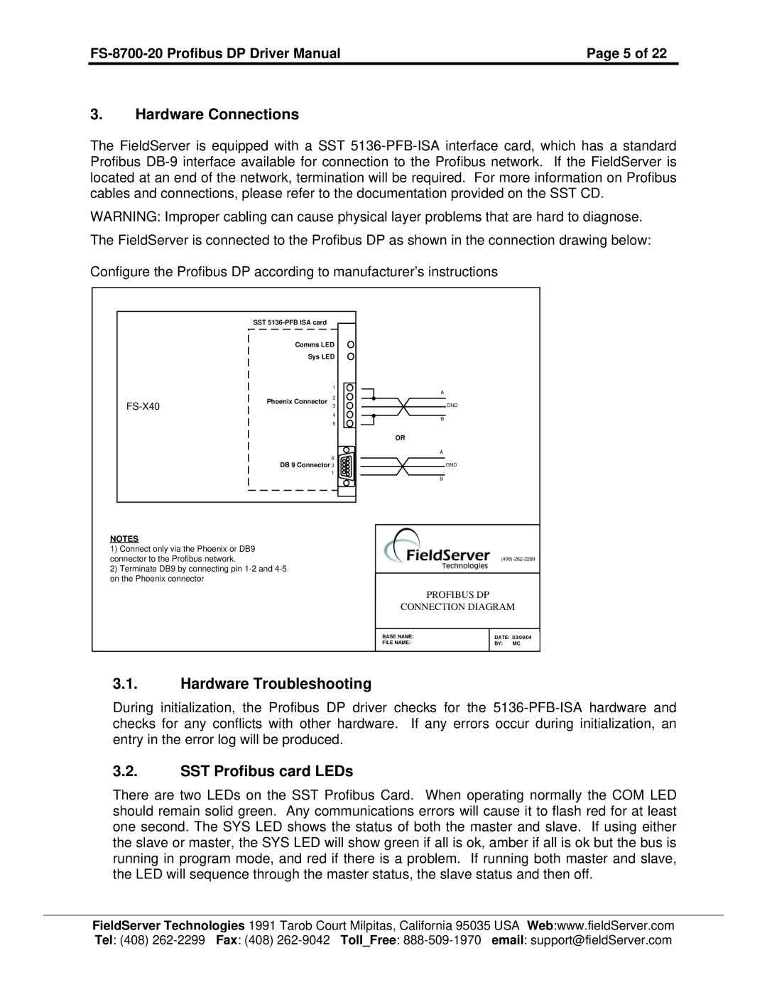 FieldServer FS-8700-20 instruction manual Hardware Connections, Hardware Troubleshooting, SST Profibus card LEDs 