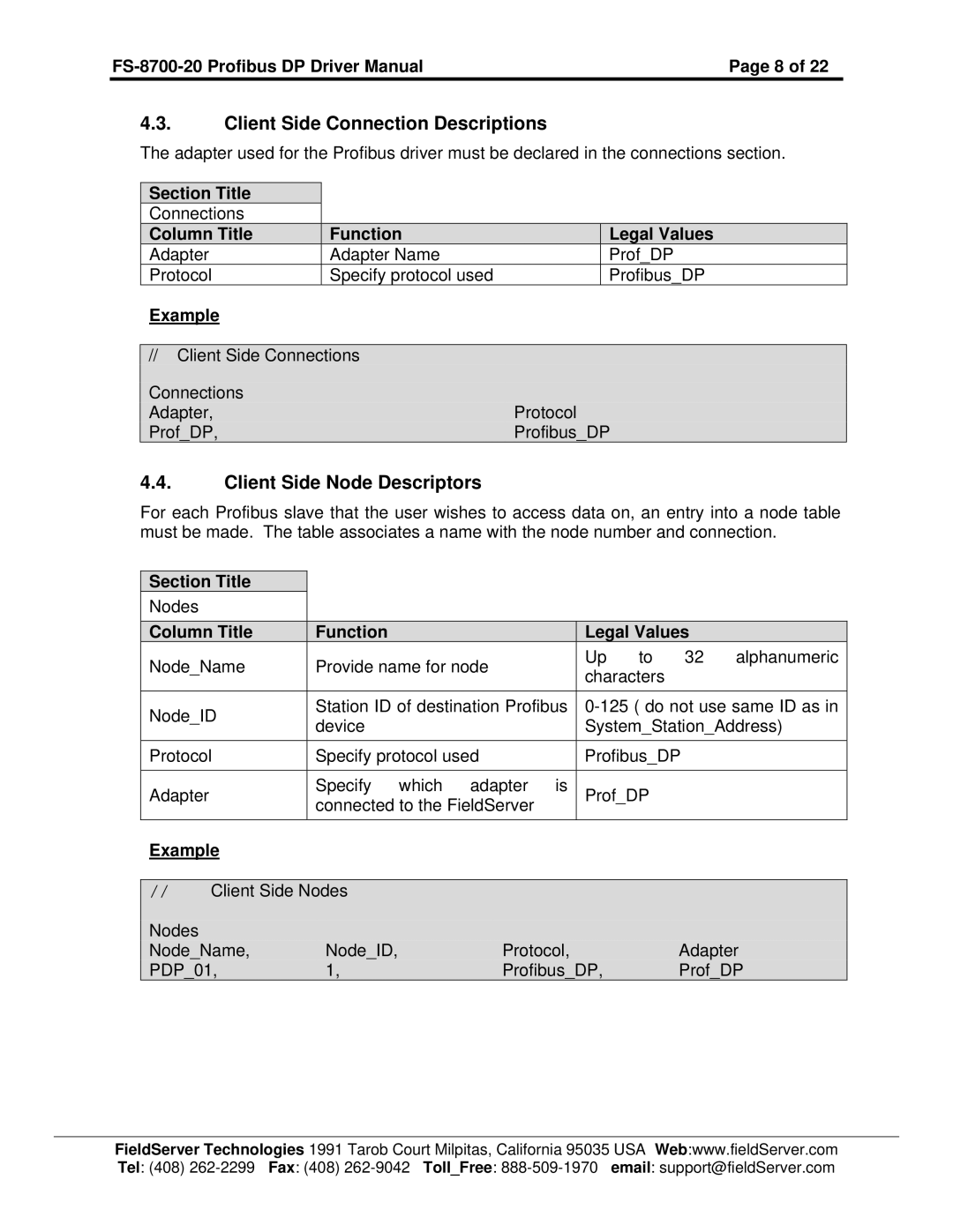 FieldServer FS-8700-20 instruction manual Client Side Connection Descriptions, Client Side Node Descriptors 