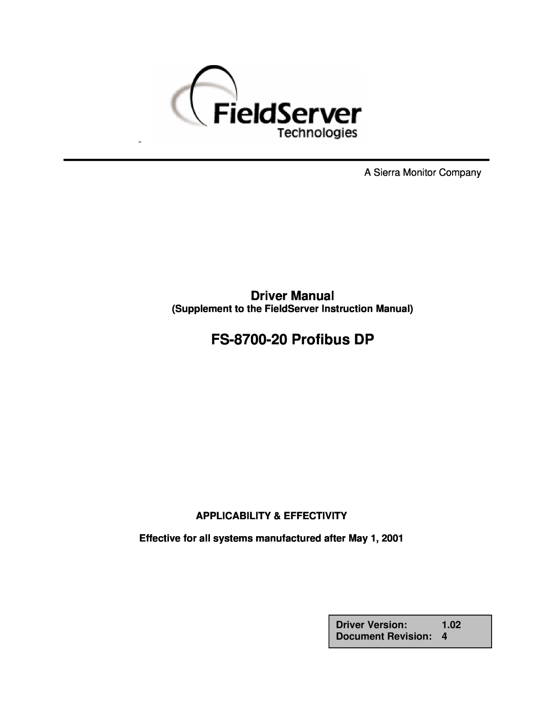 FieldServer instruction manual FS-8700-20 Profibus DP, Driver Manual 
