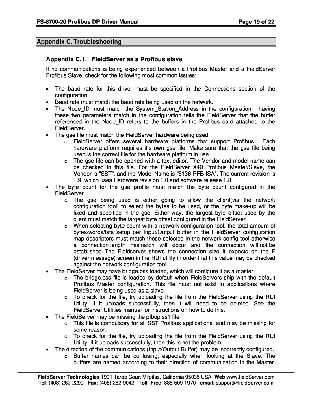 FieldServer FS-8700-20 instruction manual Appendix C. Troubleshooting, Appendix C.1. FieldServer as a Profibus slave 