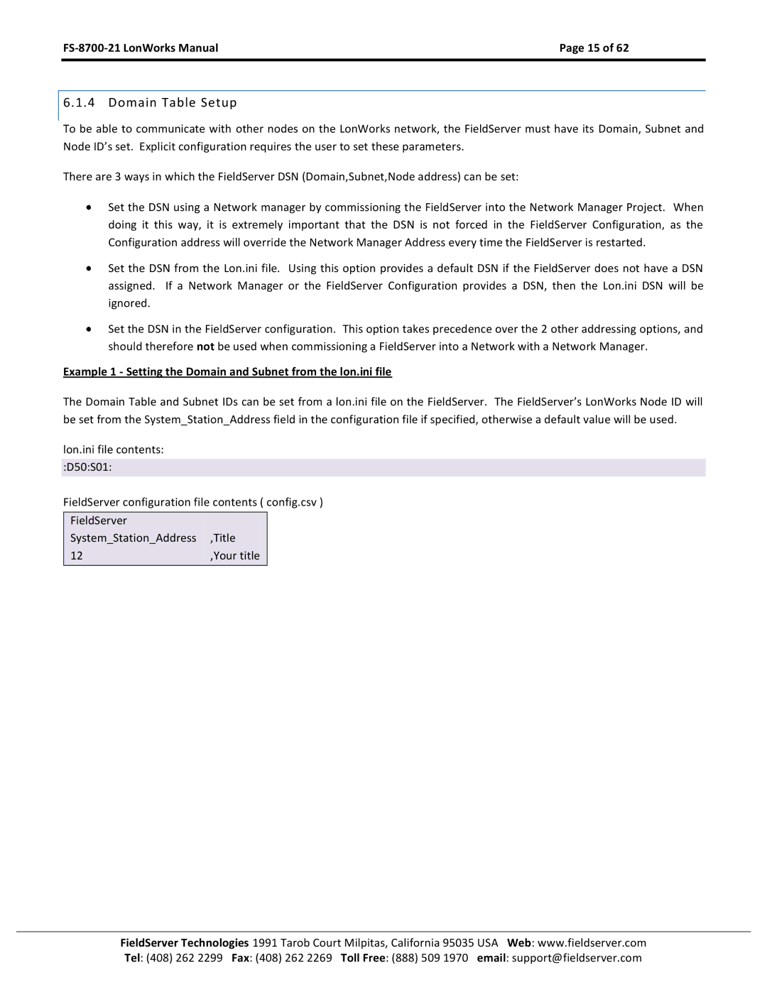 FieldServer FS-8700-21 instruction manual Domain Table Setup 