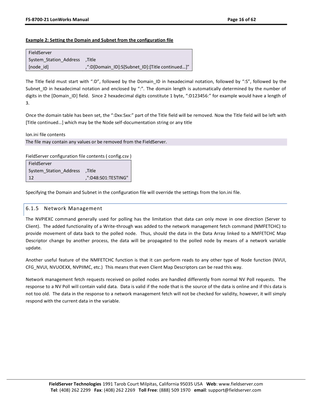 FieldServer FS-8700-21 instruction manual Network Management 