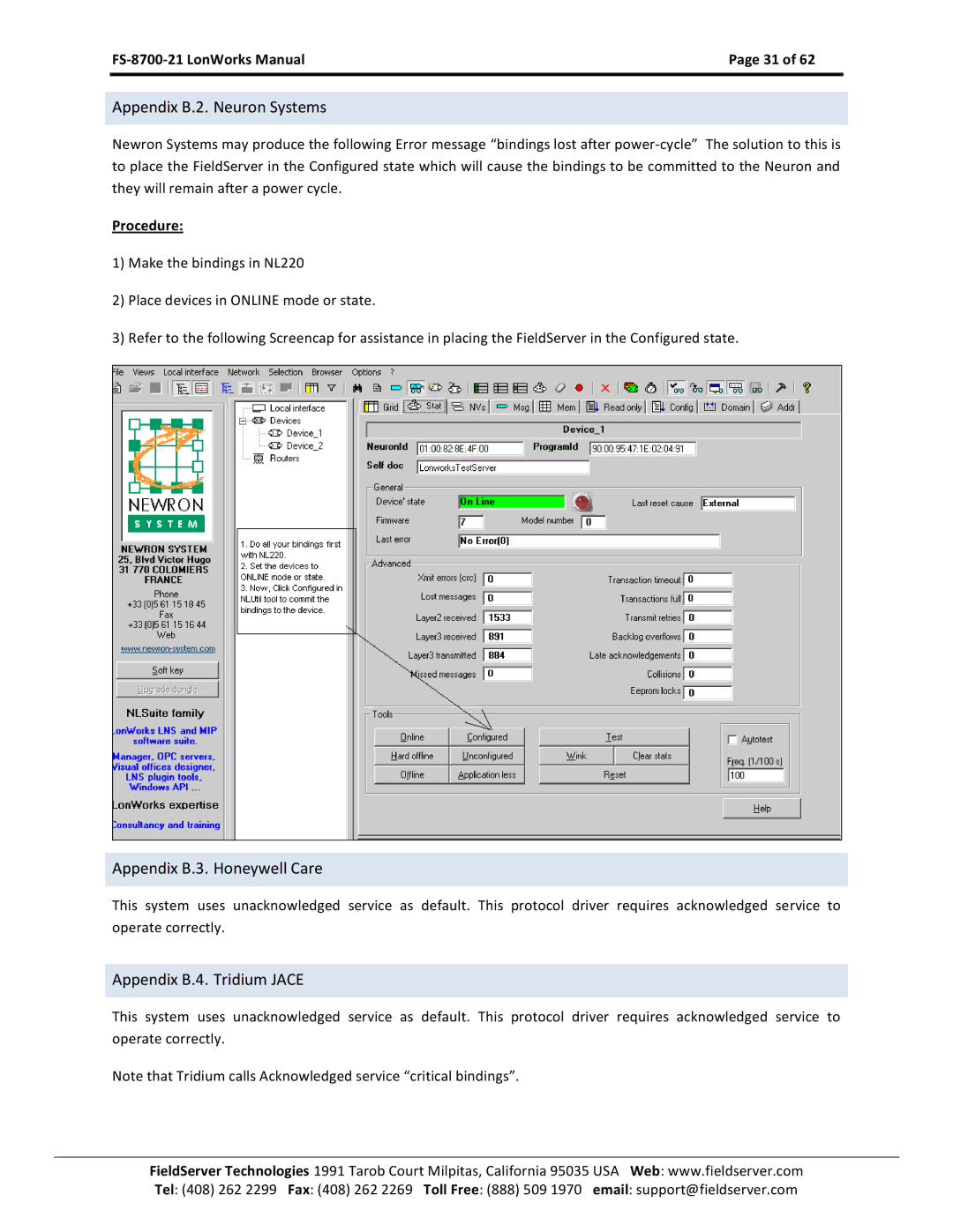 FieldServer FS-8700-21 Appendix B.2. Neuron Systems, Appendix B.3. Honeywell Care, Appendix B.4. Tridium Jace 