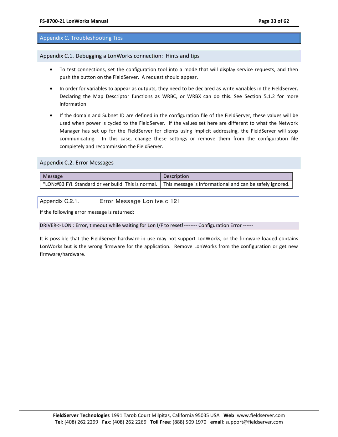 FieldServer FS-8700-21 Appendix C.1. Debugging a LonWorks connection Hints and tips, Appendix C.2. Error Messages 