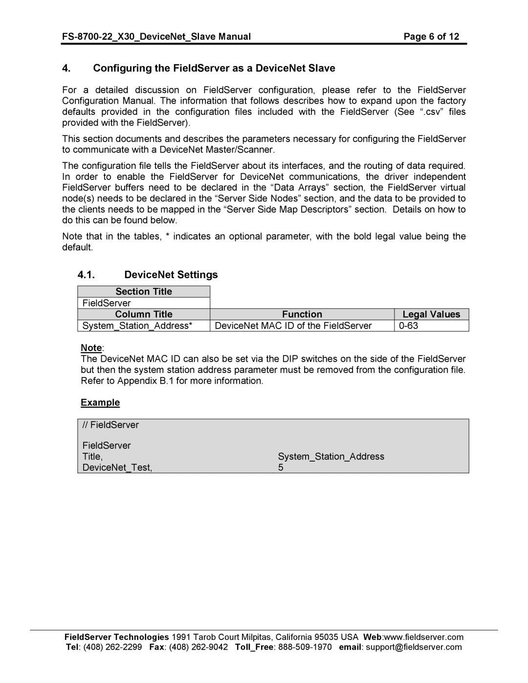 FieldServer FS-8700-22 X30 instruction manual Configuring the FieldServer as a DeviceNet Slave, DeviceNet Settings 