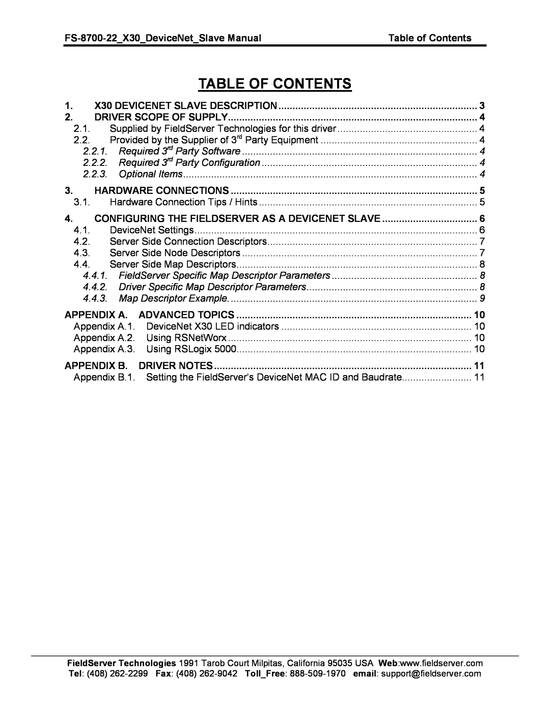 FieldServer FS-8700-22 X30 instruction manual Table Of Contents 