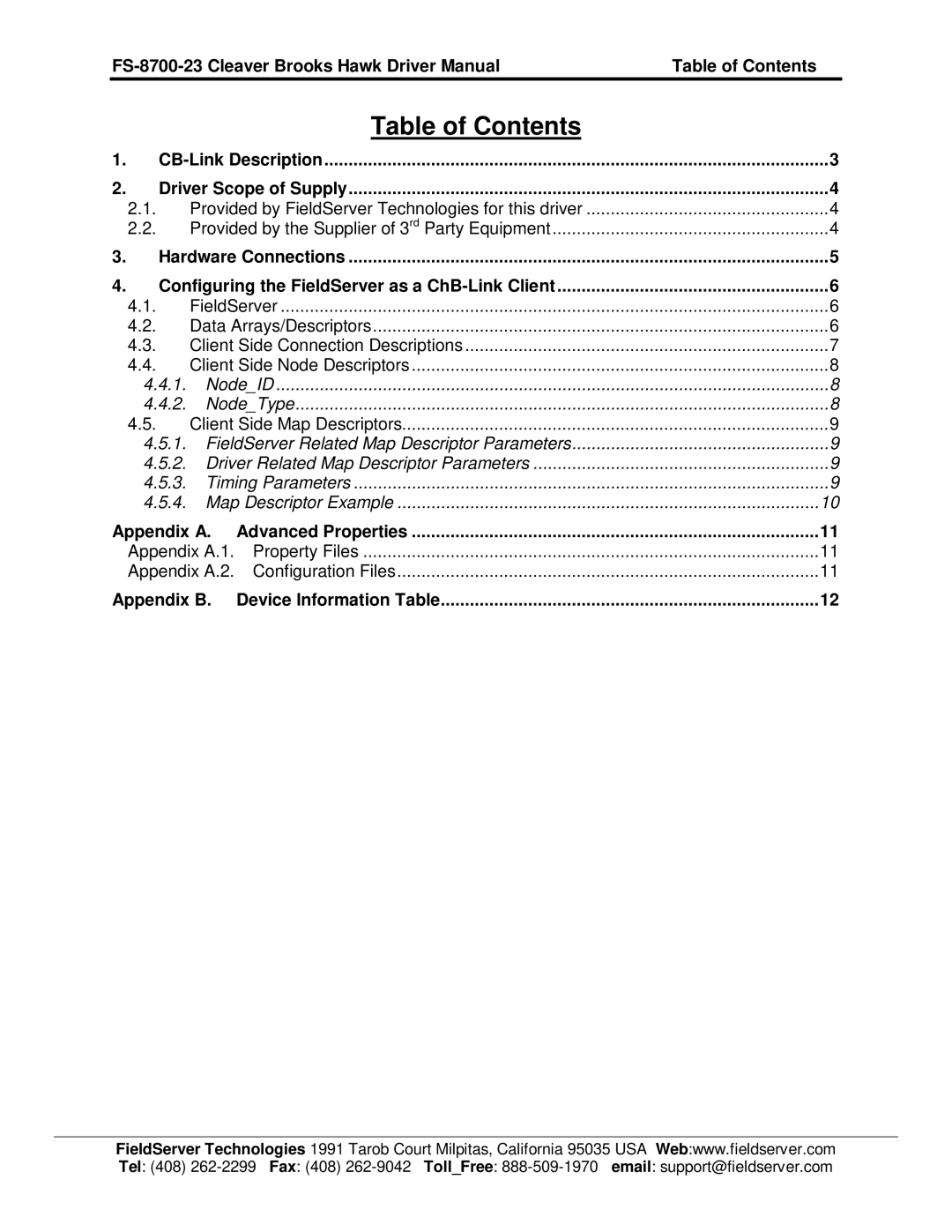 FieldServer FS-8700-23 instruction manual Table of Contents 