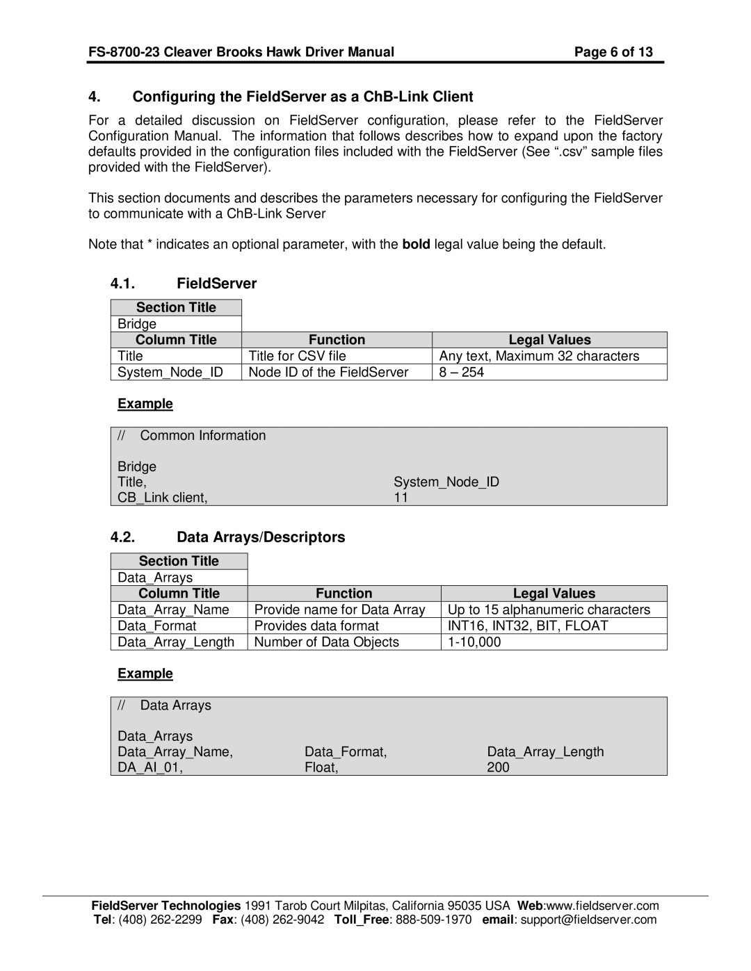 FieldServer FS-8700-23 instruction manual Configuring the FieldServer as a ChB-Link Client, Data Arrays/Descriptors 