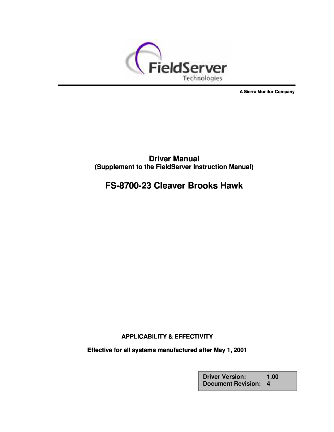 FieldServer instruction manual FS-8700-23 Cleaver Brooks Hawk, Supplement to the FieldServer Instruction Manual, 1.00 
