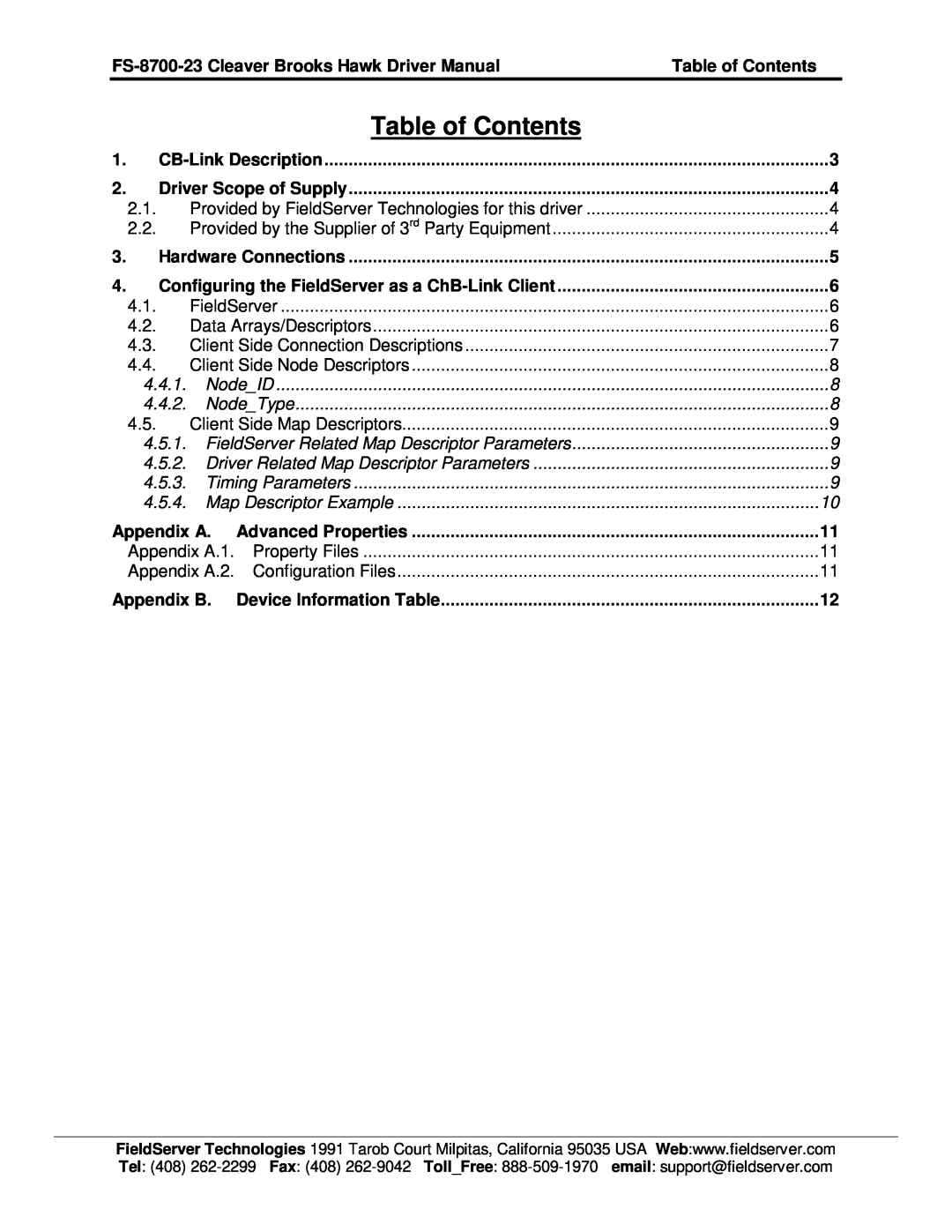 FieldServer Table of Contents, FS-8700-23 Cleaver Brooks Hawk Driver Manual, CB-Link Description, Hardware Connections 