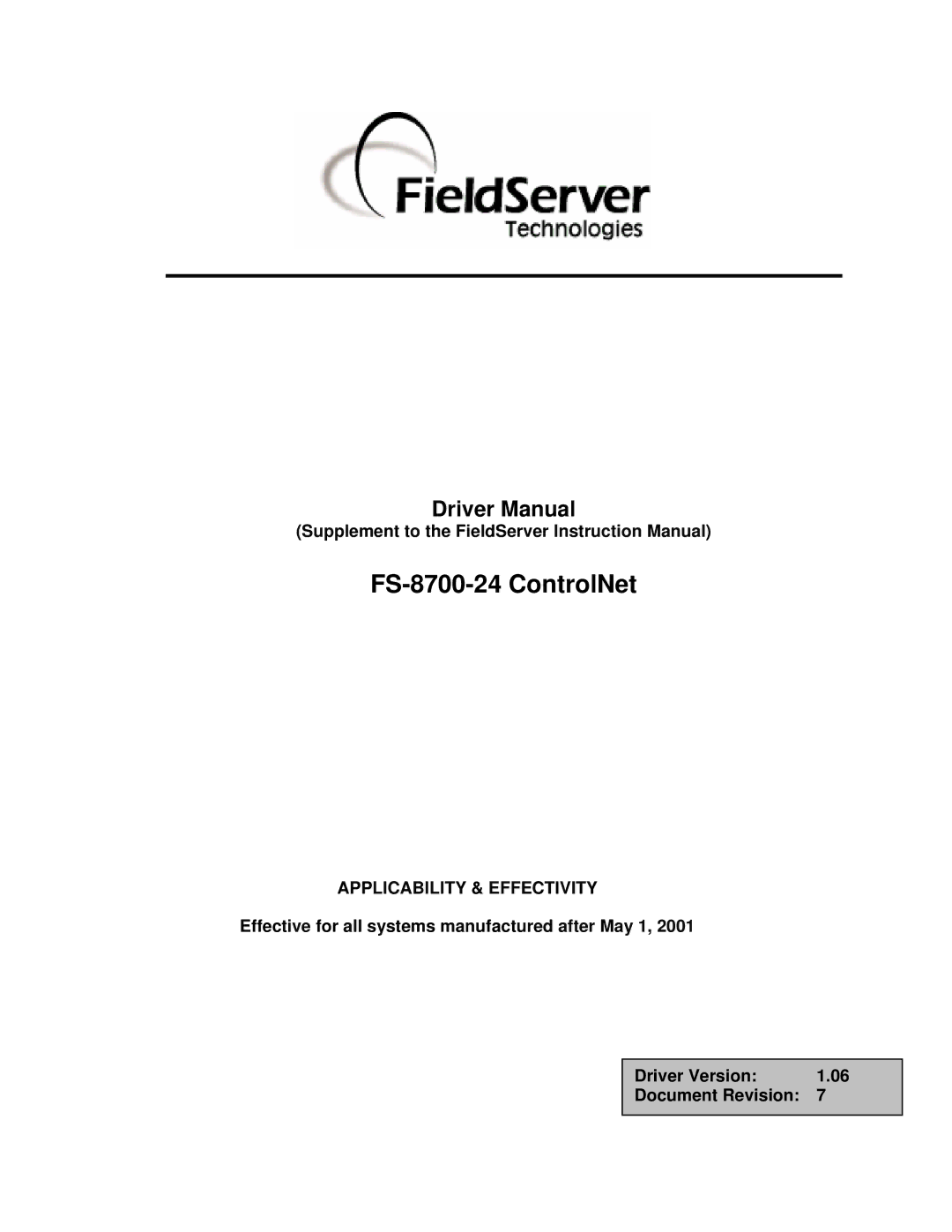 FieldServer instruction manual FS-8700-24 ControlNet 