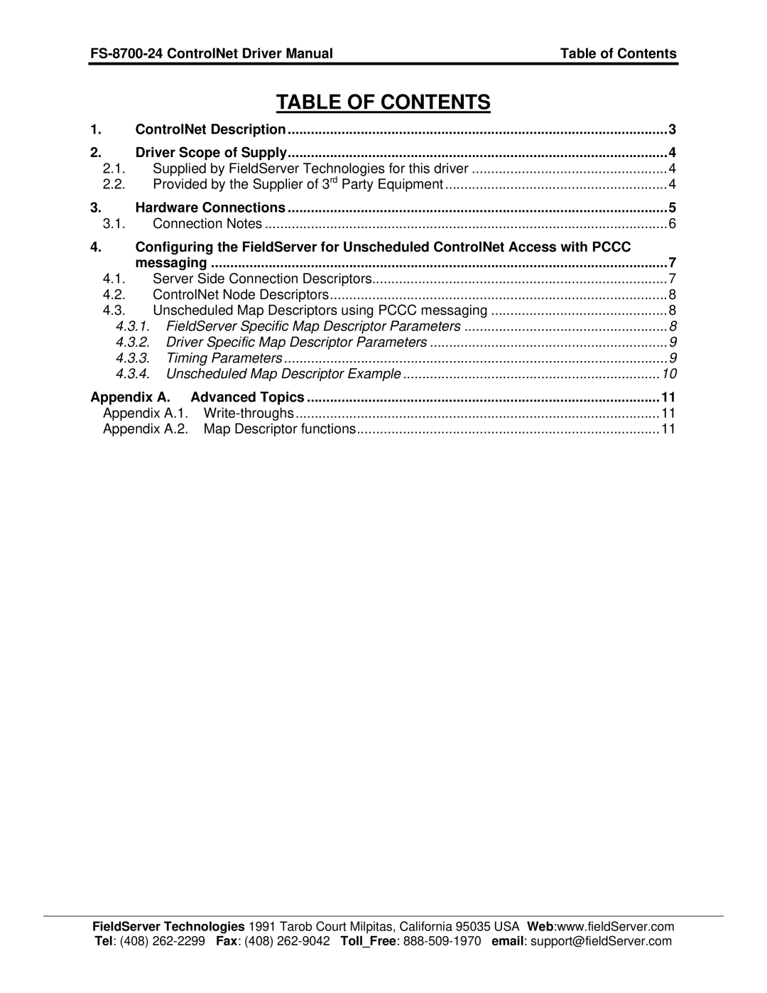 FieldServer FS-8700-24 instruction manual Table of Contents 