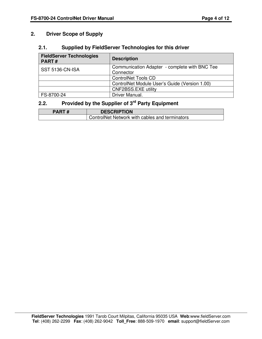 FieldServer FS-8700-24 Provided by the Supplier of 3rd Party Equipment, FieldServer Technologies Description 