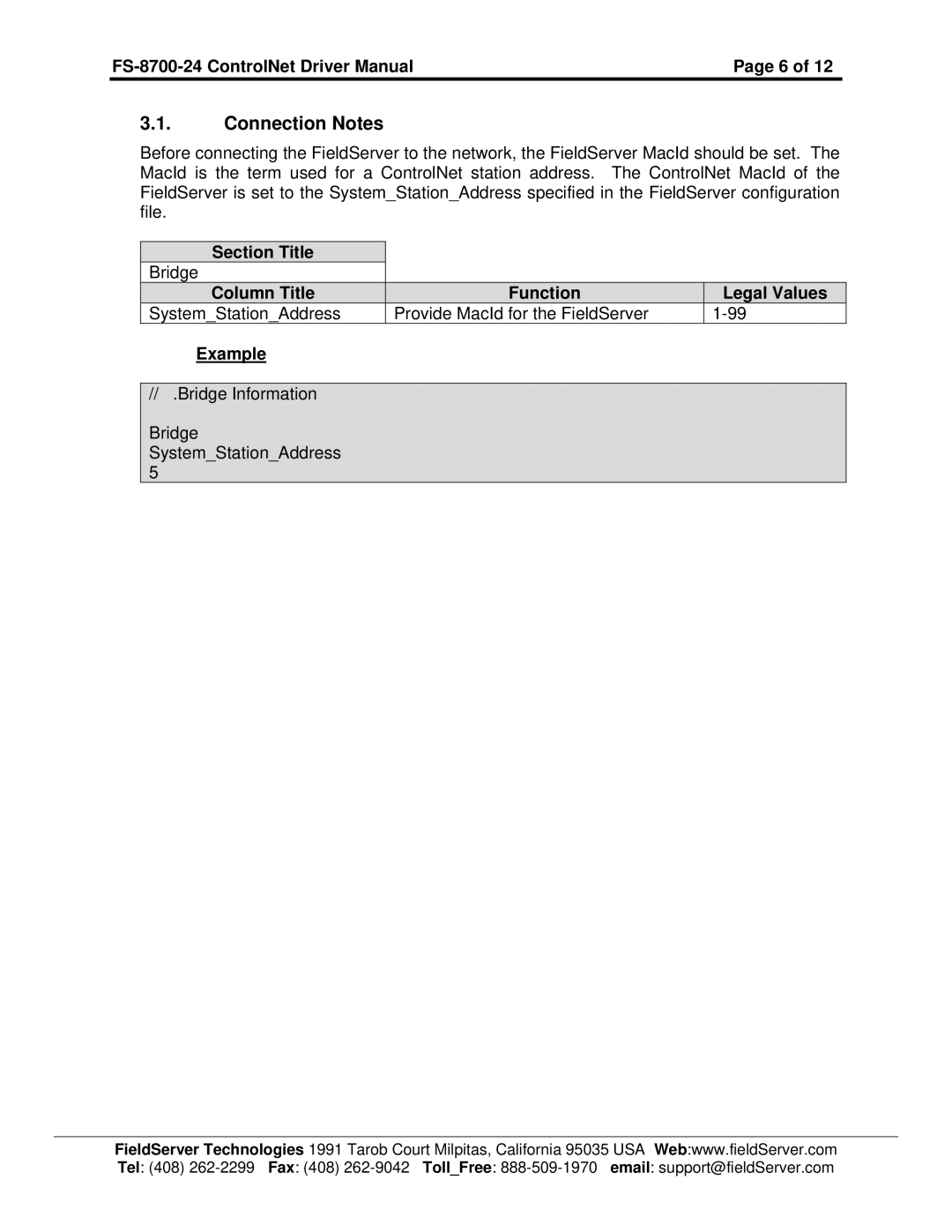 FieldServer FS-8700-24 instruction manual Connection Notes 