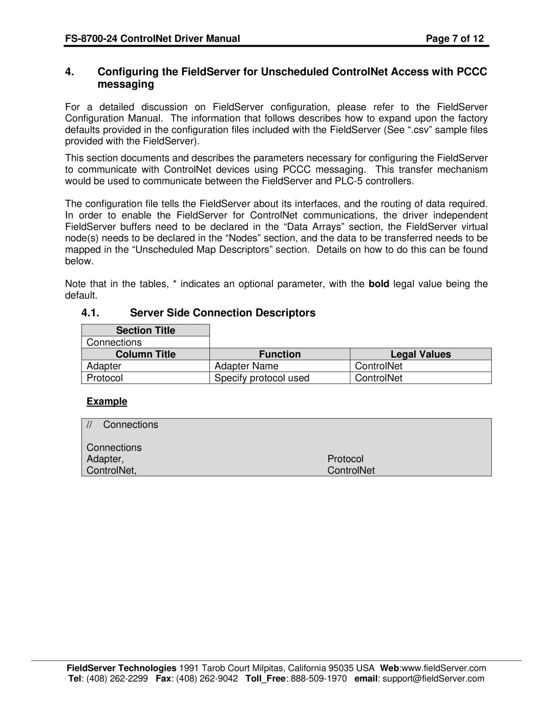 FieldServer FS-8700-24 instruction manual Server Side Connection Descriptors 