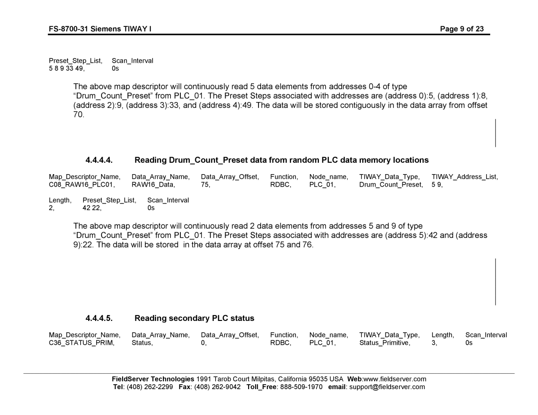 FieldServer FS-8700-31 instruction manual Reading secondary PLC status 