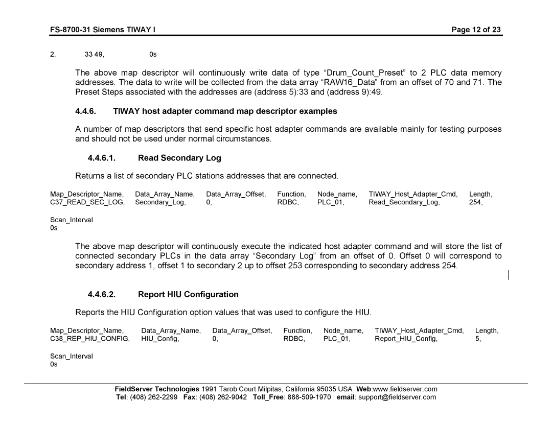 FieldServer FS-8700-31 Tiway host adapter command map descriptor examples, Read Secondary Log, Report HIU Configuration 