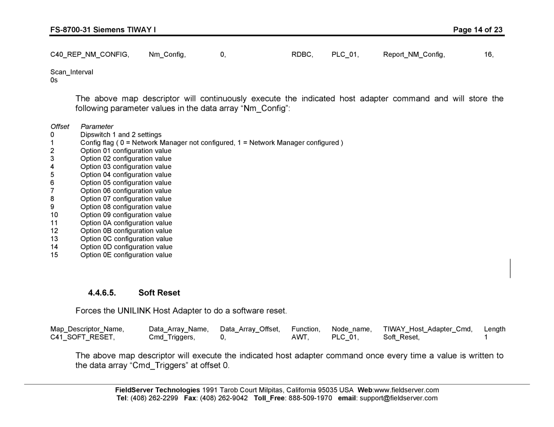 FieldServer FS-8700-31 instruction manual Soft Reset, Forces the Unilink Host Adapter to do a software reset 