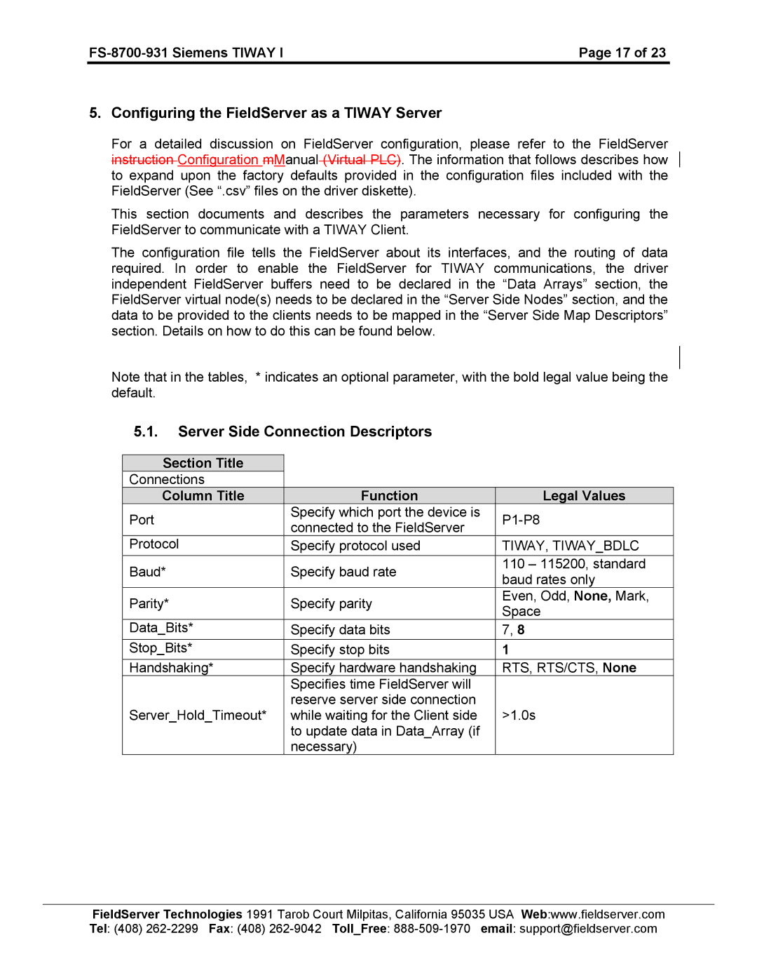 FieldServer FS-8700-31 instruction manual Configuring the FieldServer as a Tiway Server, Server Side Connection Descriptors 