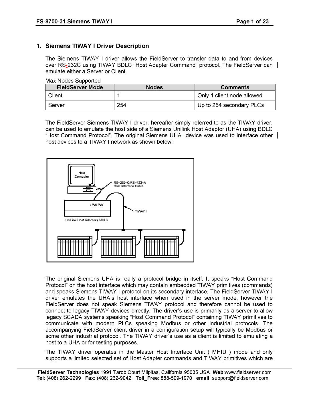 FieldServer Siemens Tiway I Driver Description, FS-8700-31 Siemens Tiway IPage 1, FieldServer Mode Nodes Comments 