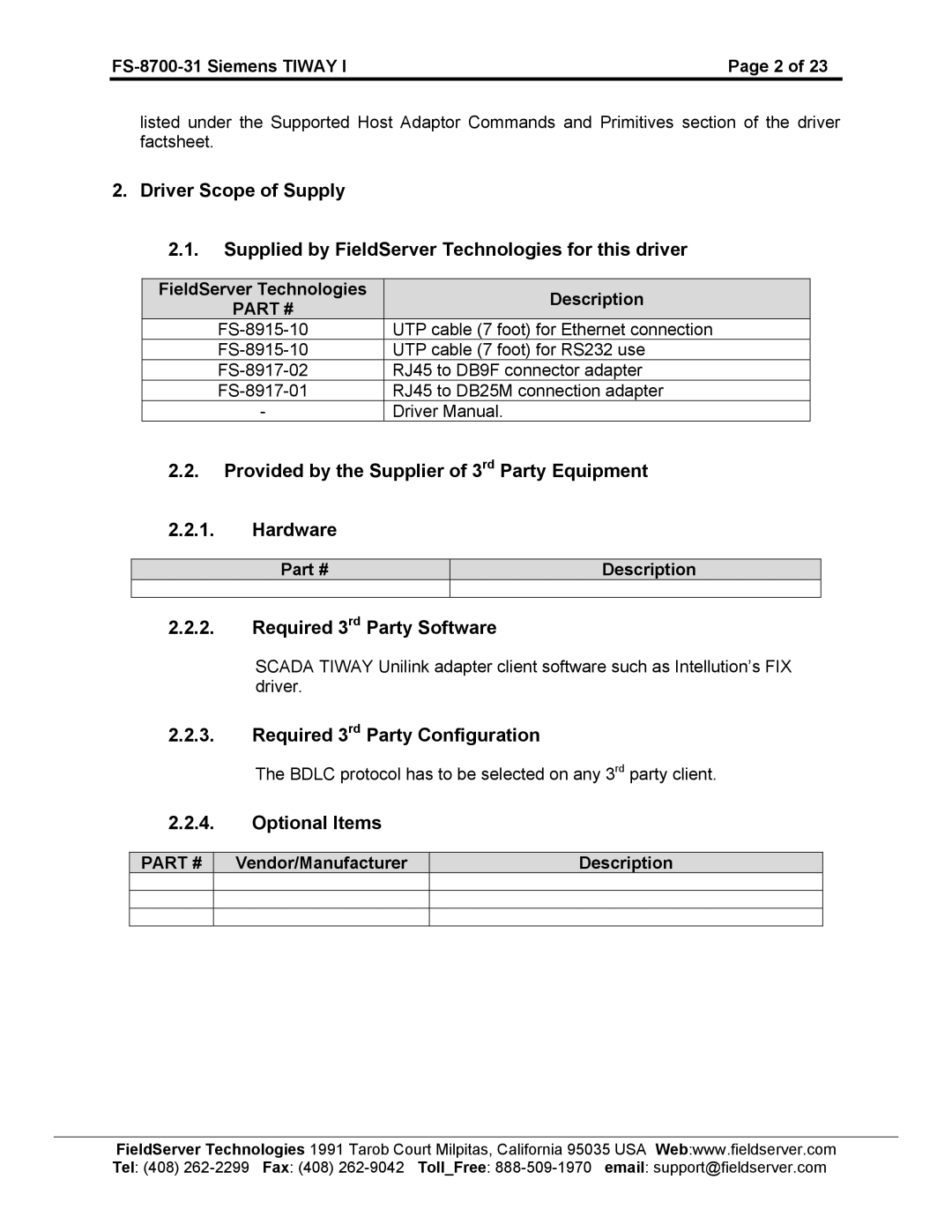 FieldServer FS-8700-31 Provided by the Supplier of 3rd Party Equipment Hardware, Required 3rd Party Software 