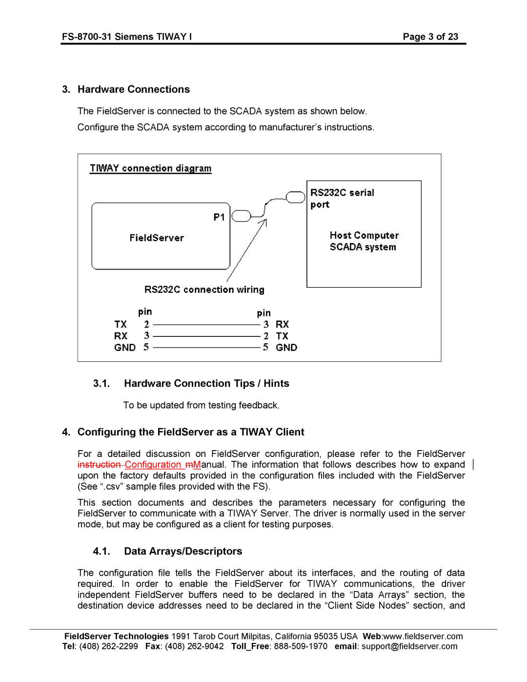 FieldServer FS-8700-31 instruction manual Hardware Connections, Hardware Connection Tips / Hints, Data Arrays/Descriptors 