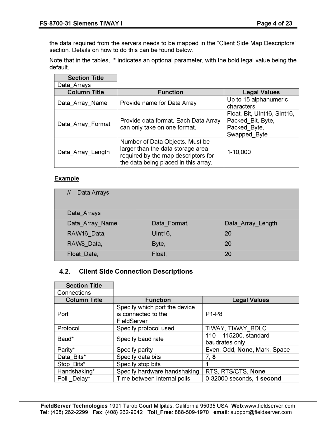 FieldServer FS-8700-31 Client Side Connection Descriptions, Section Title, Column Title Function Legal Values, Example 