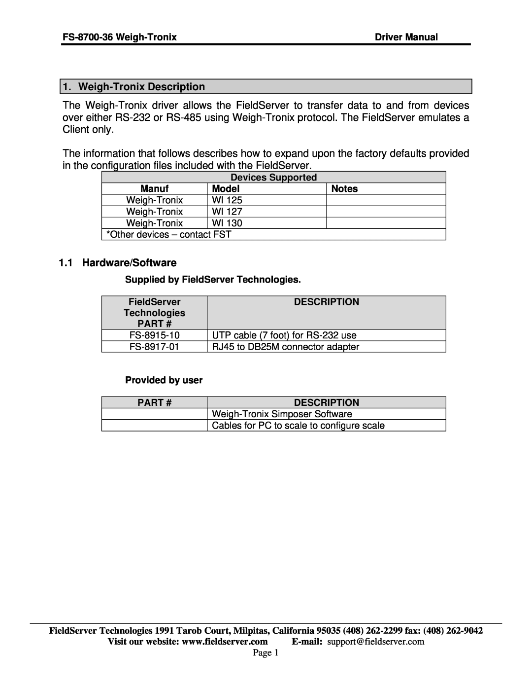 FieldServer FS-8700-36 instruction manual Weigh-Tronix Description, Hardware/Software, Page 