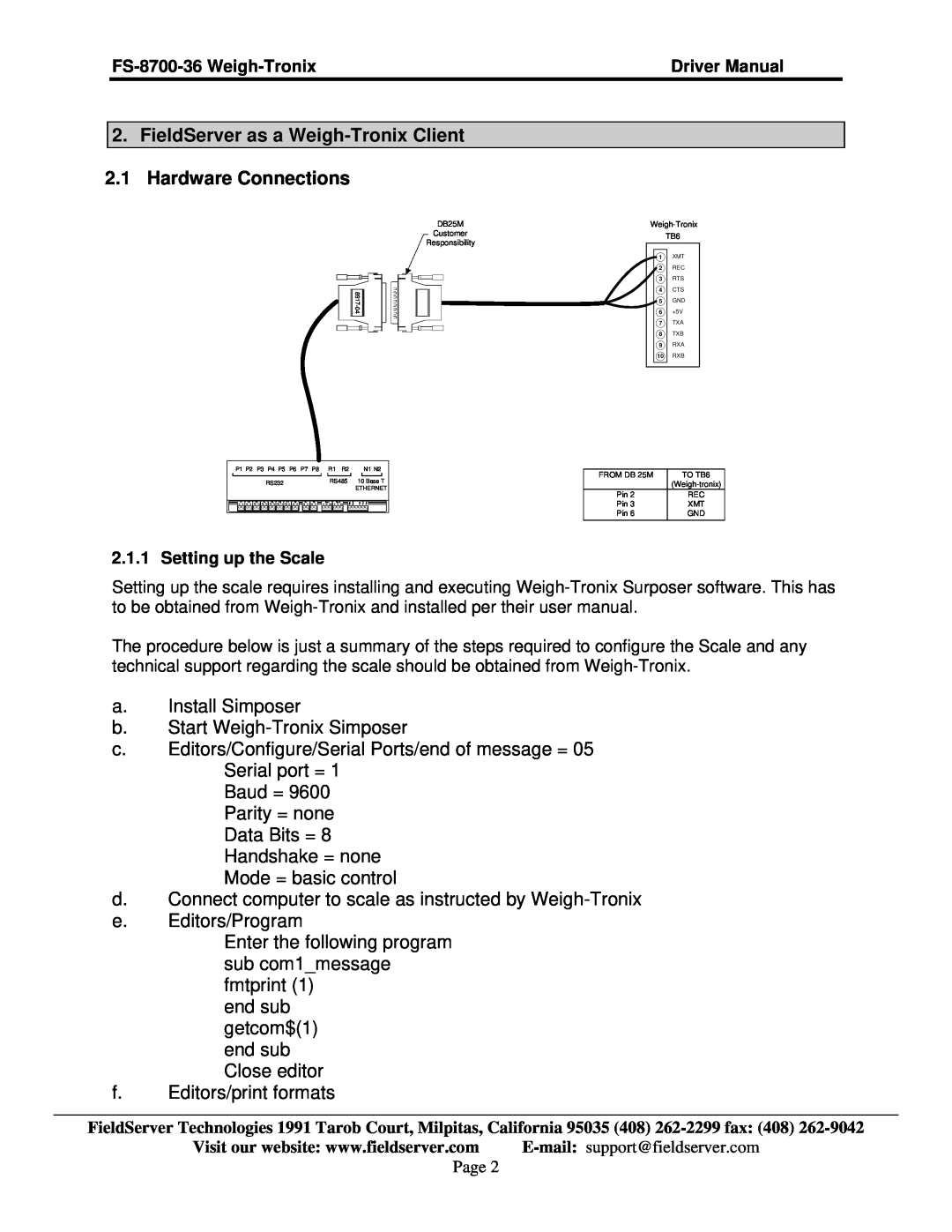 FieldServer FS-8700-36 instruction manual FieldServer as a Weigh-Tronix Client 2.1 Hardware Connections 