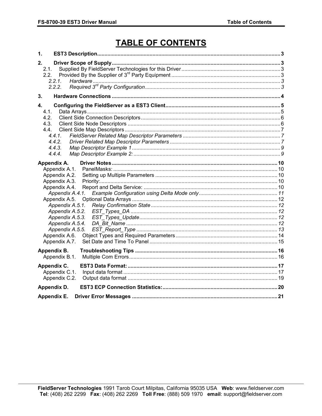 FieldServer FS-8700-39 instruction manual Table of Contents 