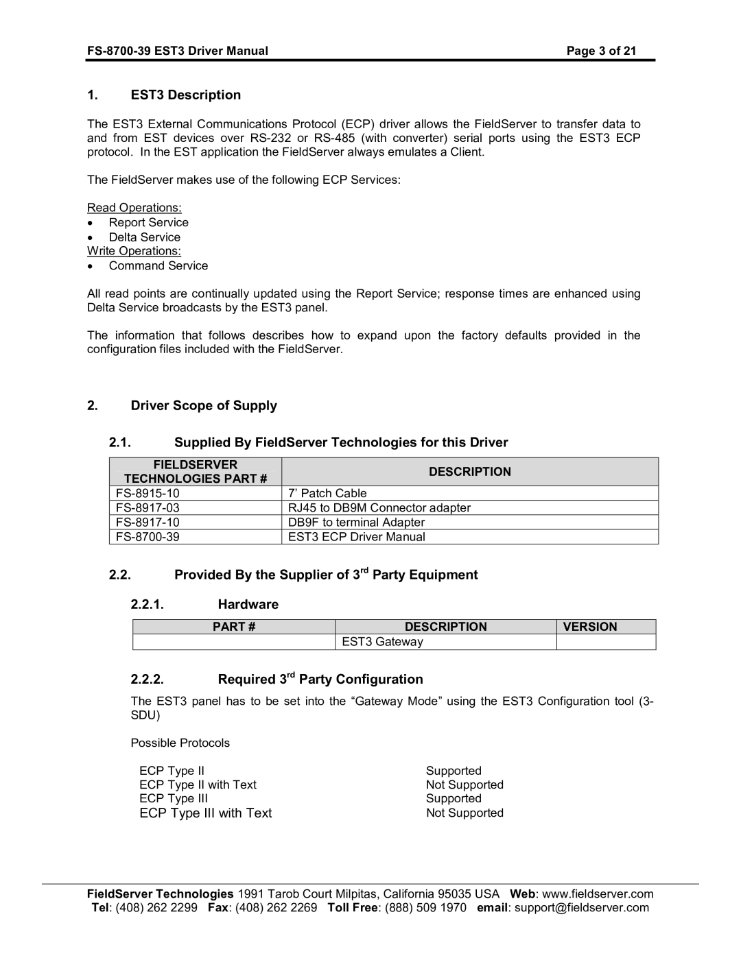 FieldServer FS-8700-39 EST3 Description, Provided By the Supplier of 3rd Party Equipment Hardware, ECP Type III with Text 