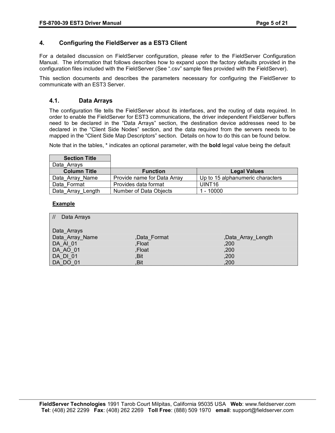 FieldServer FS-8700-39 instruction manual Configuring the FieldServer as a EST3 Client, Data Arrays, UINT16 