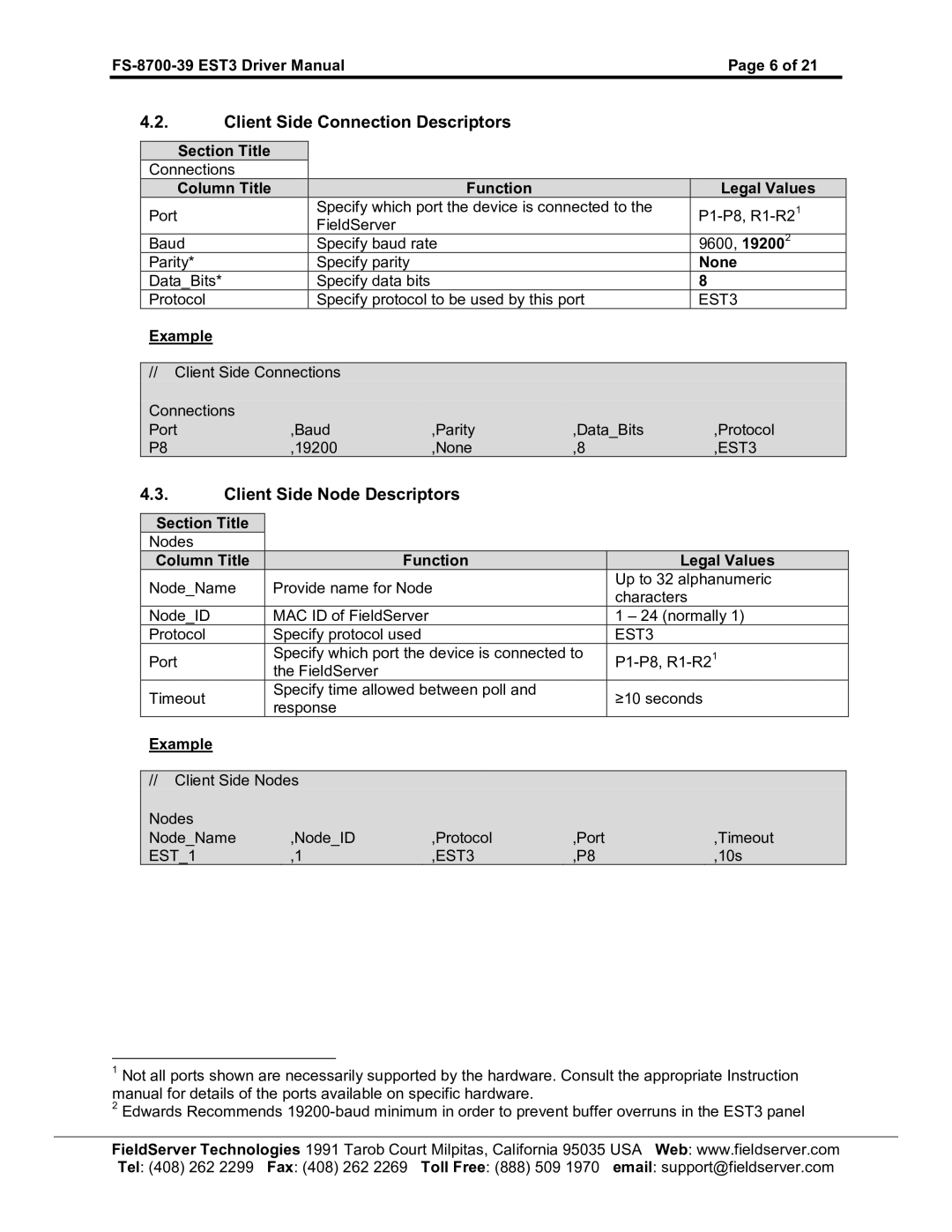 FieldServer FS-8700-39 instruction manual Client Side Connection Descriptors, Client Side Node Descriptors, EST1 EST3 