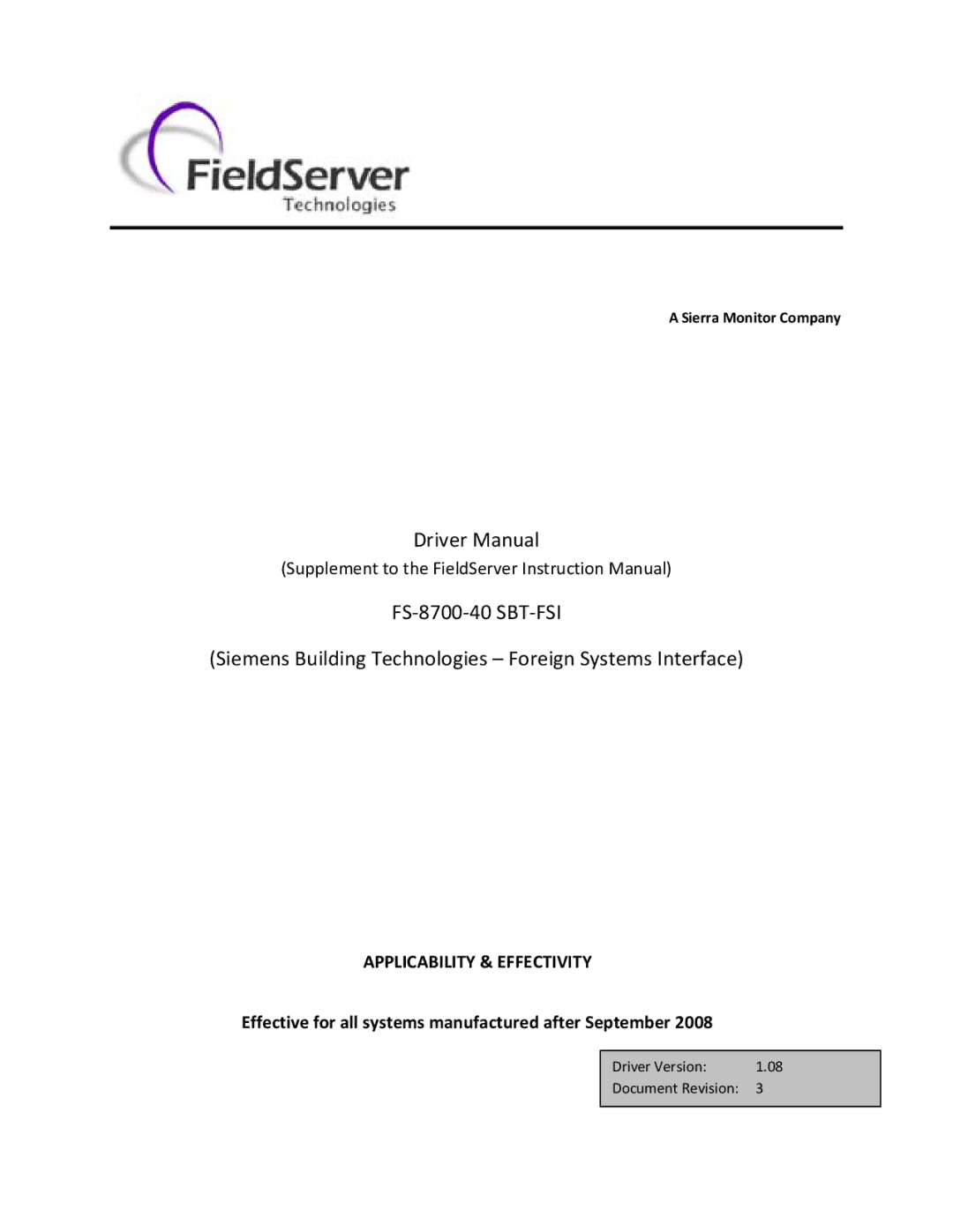 FieldServer FS-8700-40 instruction manual Applicability & Effectivity, Sierra Monitor Company 