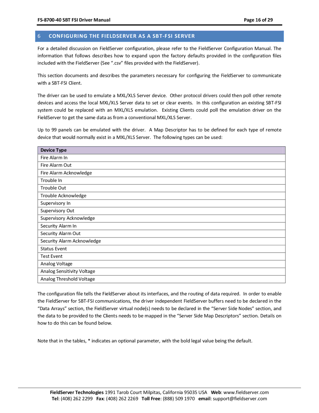 FieldServer FS-8700-40 instruction manual Configuring the Fieldserver AS a SBT-FSI Server, Device Type 