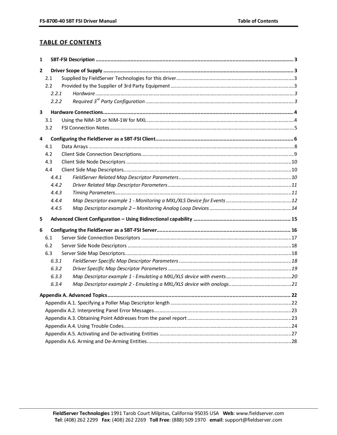 FieldServer FS-8700-40 instruction manual Table of Contents 