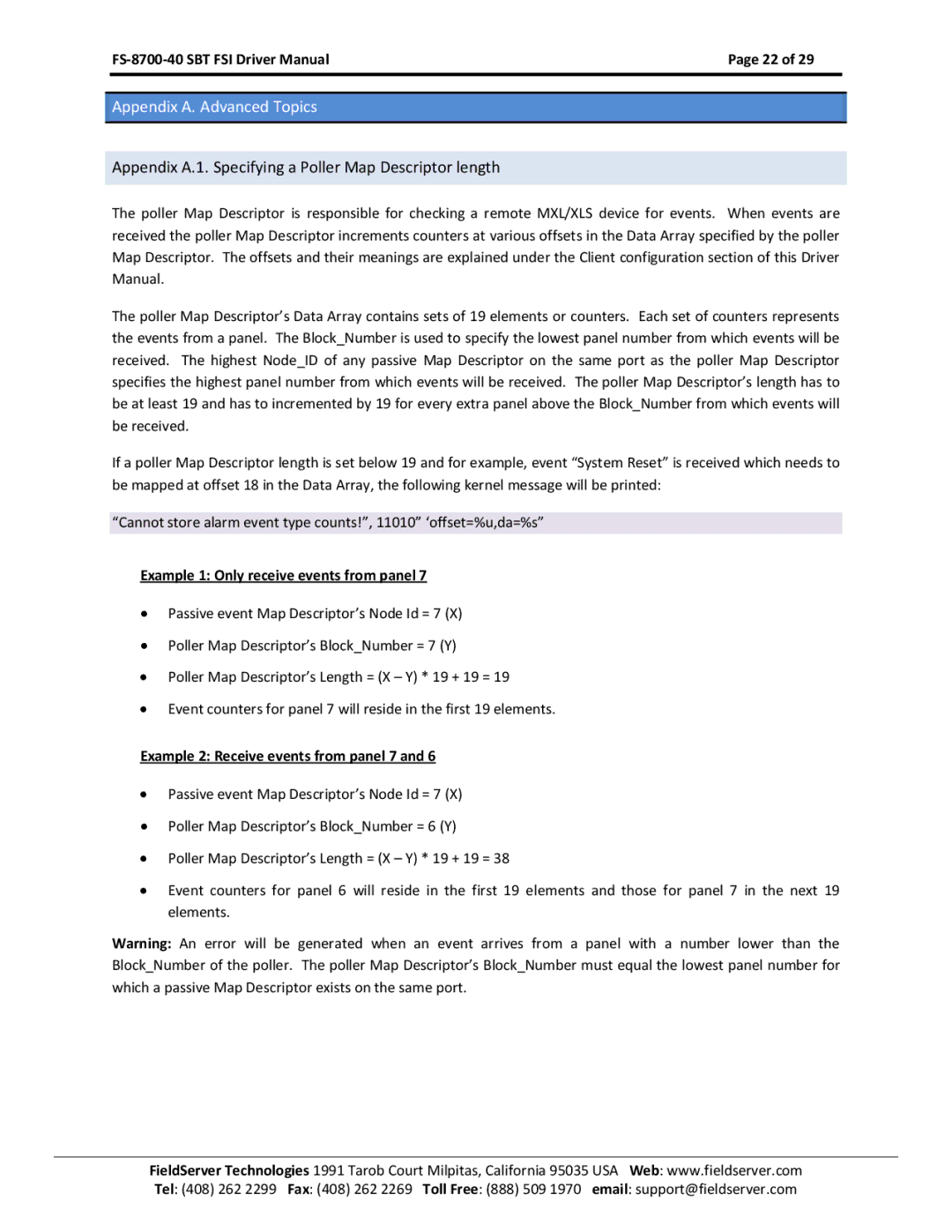 FieldServer FS-8700-40 Appendix A.1. Specifying a Poller Map Descriptor length, Example 1 Only receive events from panel 