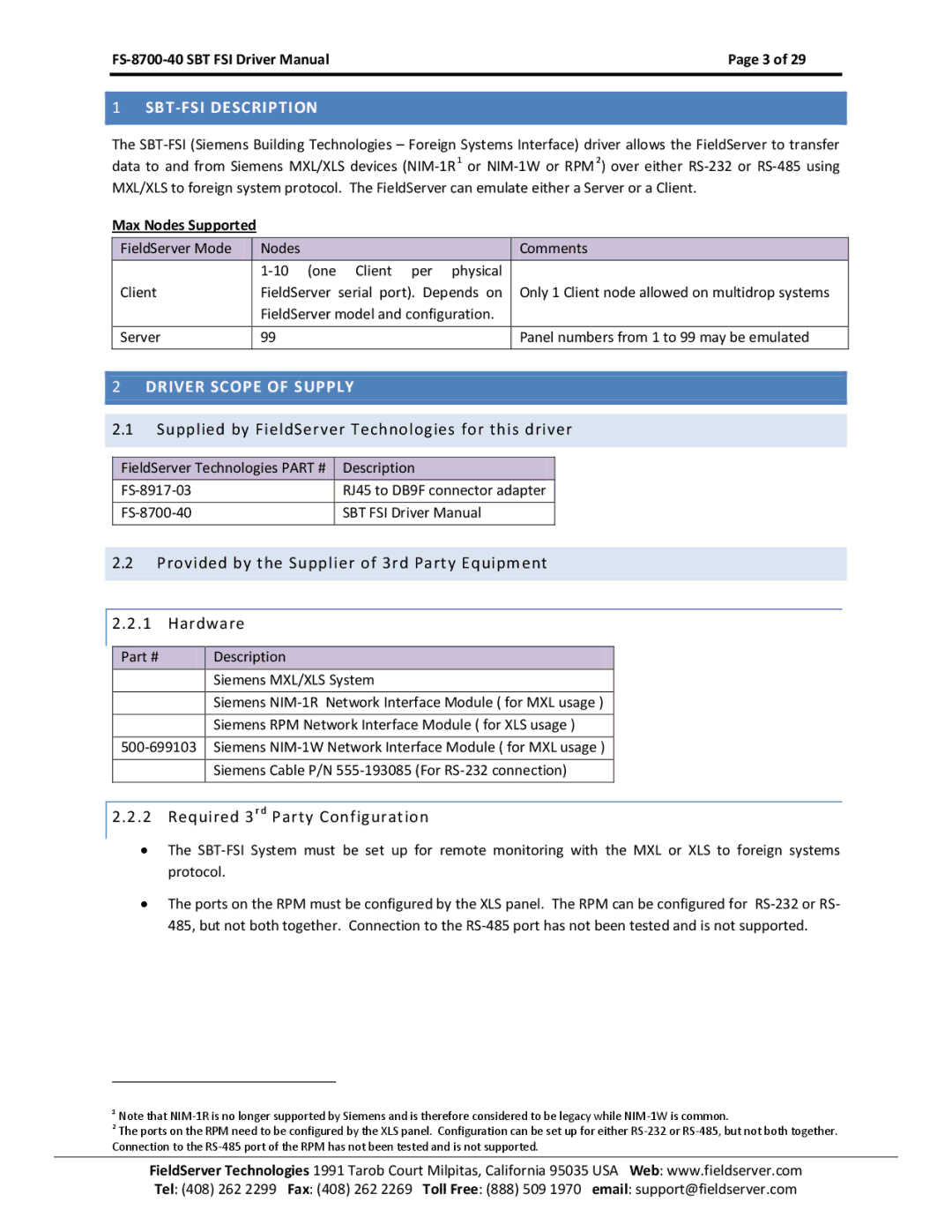 FieldServer FS-8700-40 Supplied by FieldServer Technologies for this driver, Required 3r d Party Configuration 