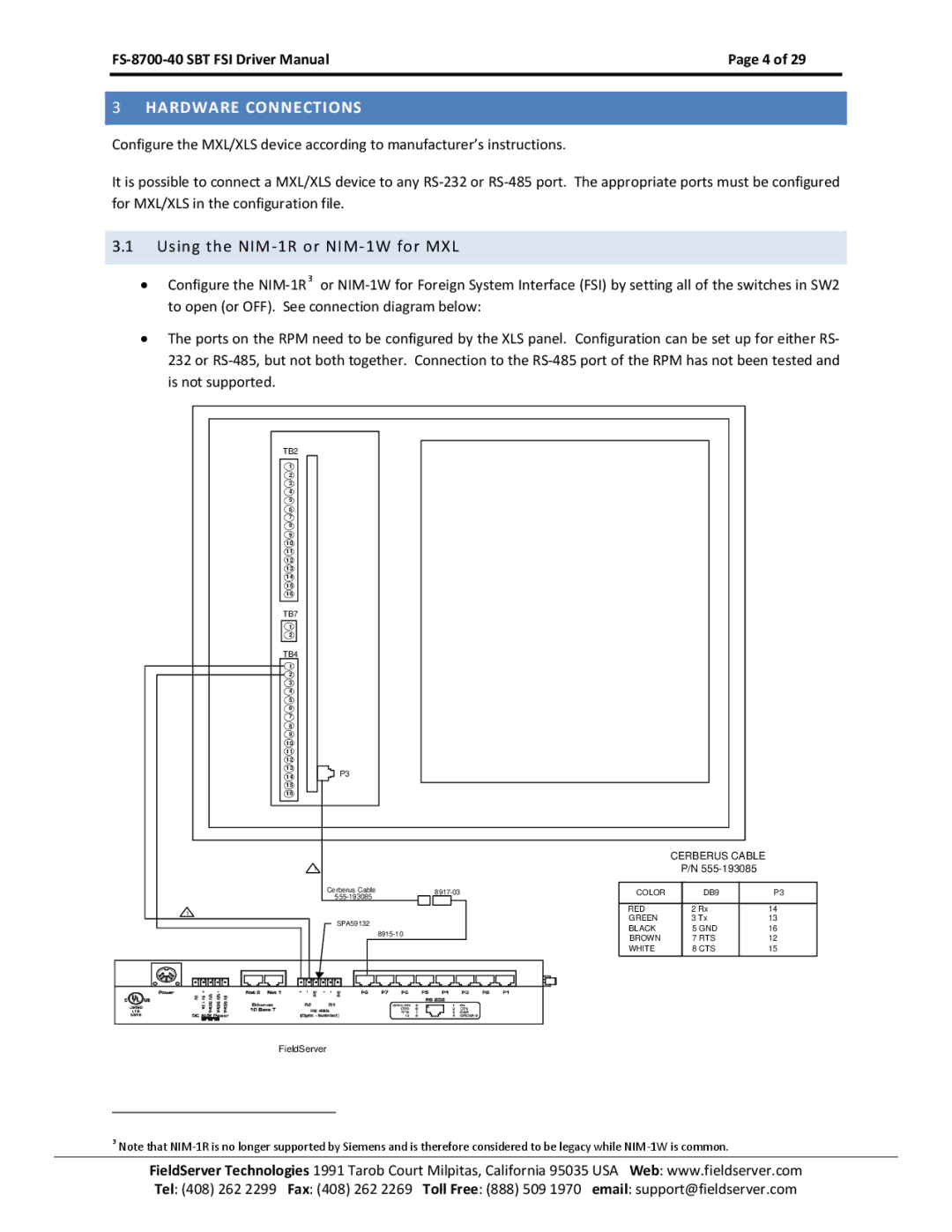 FieldServer FS-8700-40 instruction manual Hardware Connections, Using the NIM-1R or NIM-1W for MXL 