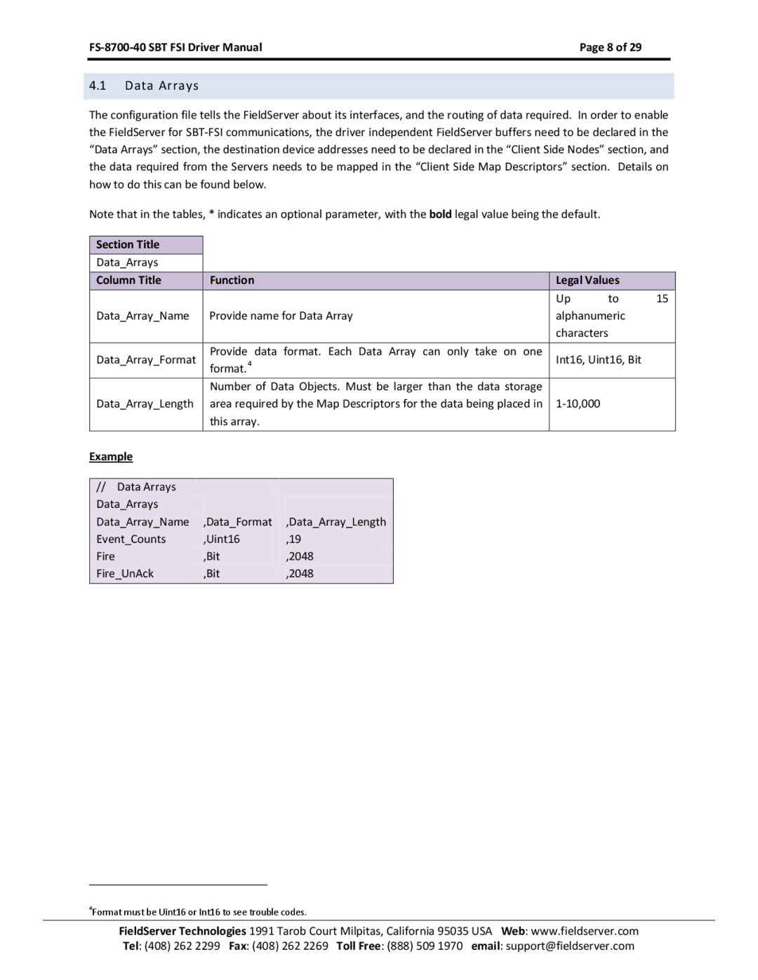 FieldServer FS-8700-40 instruction manual Data Arrays, Section Title, Column Title Function Legal Values, Example 