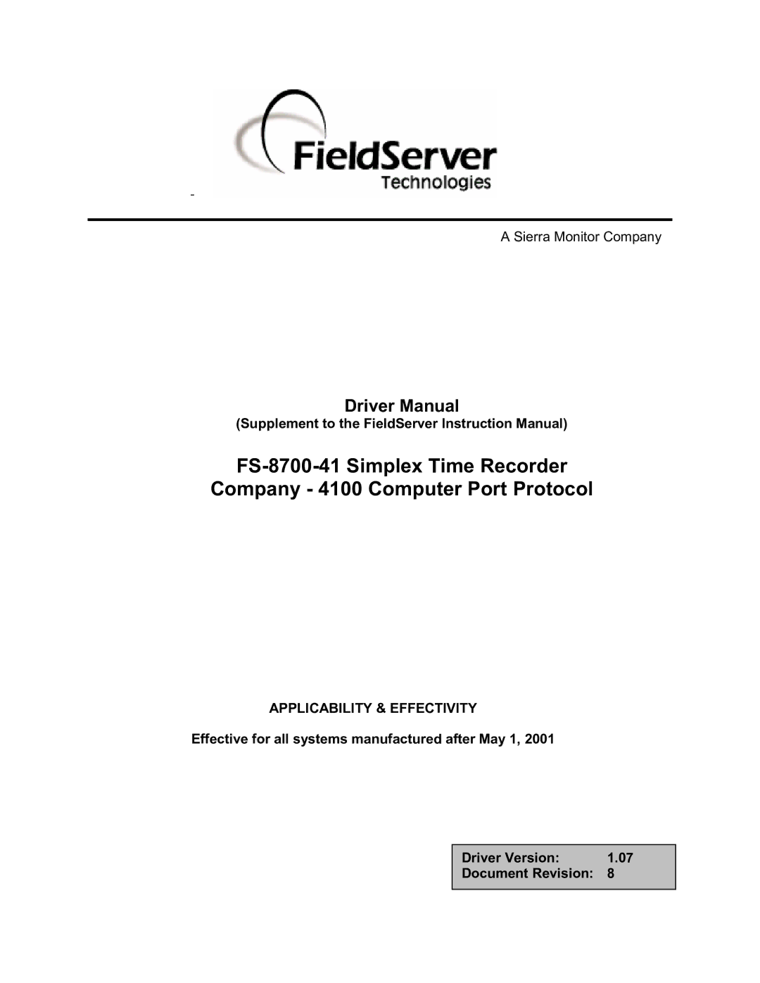 FieldServer FS-8700-41 instruction manual ASierraMonitorCompany, Applicability & Effectivity 