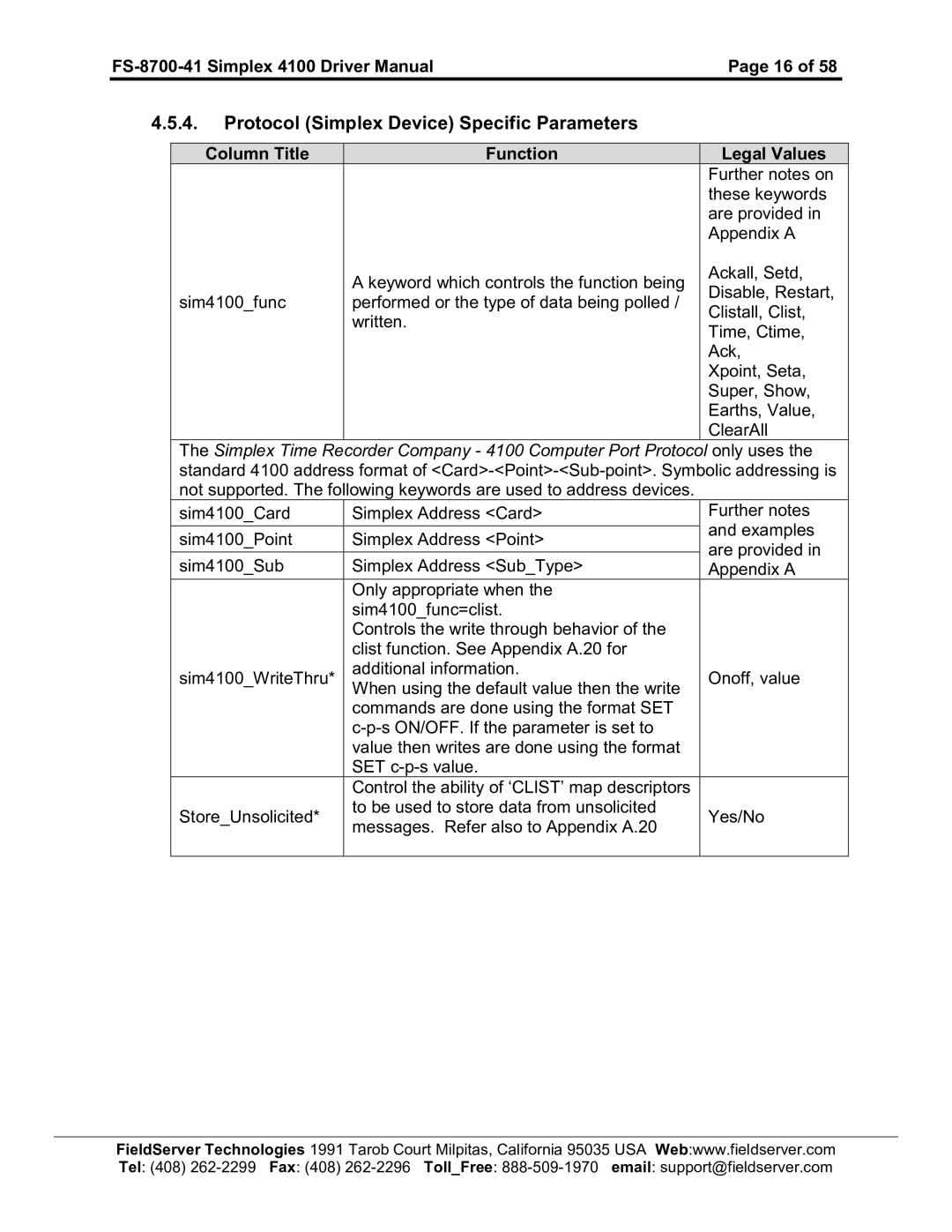 FieldServer FS-8700-41 instruction manual Protocol Simplex Device Specific Parameters 