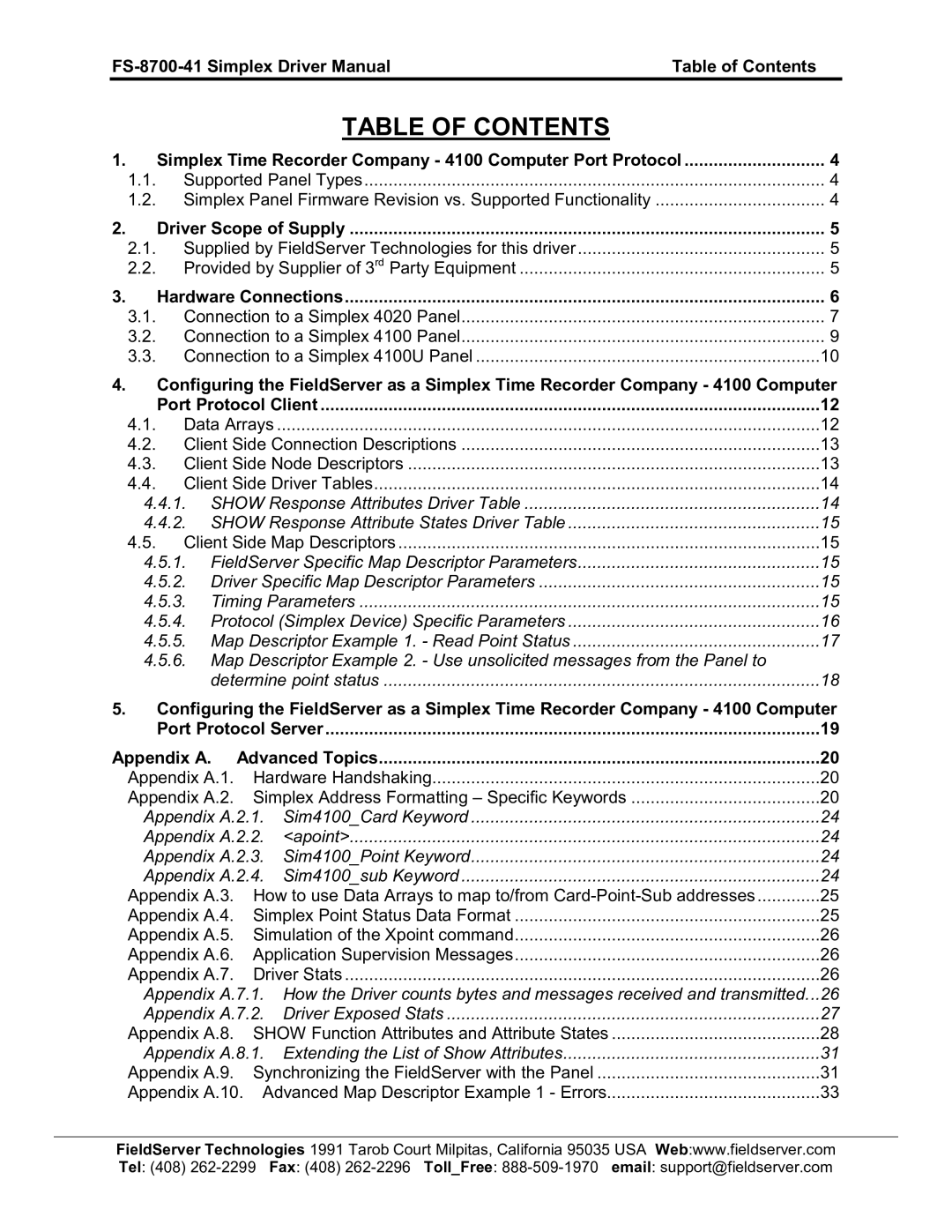 FieldServer FS-8700-41 instruction manual Table of Contents 