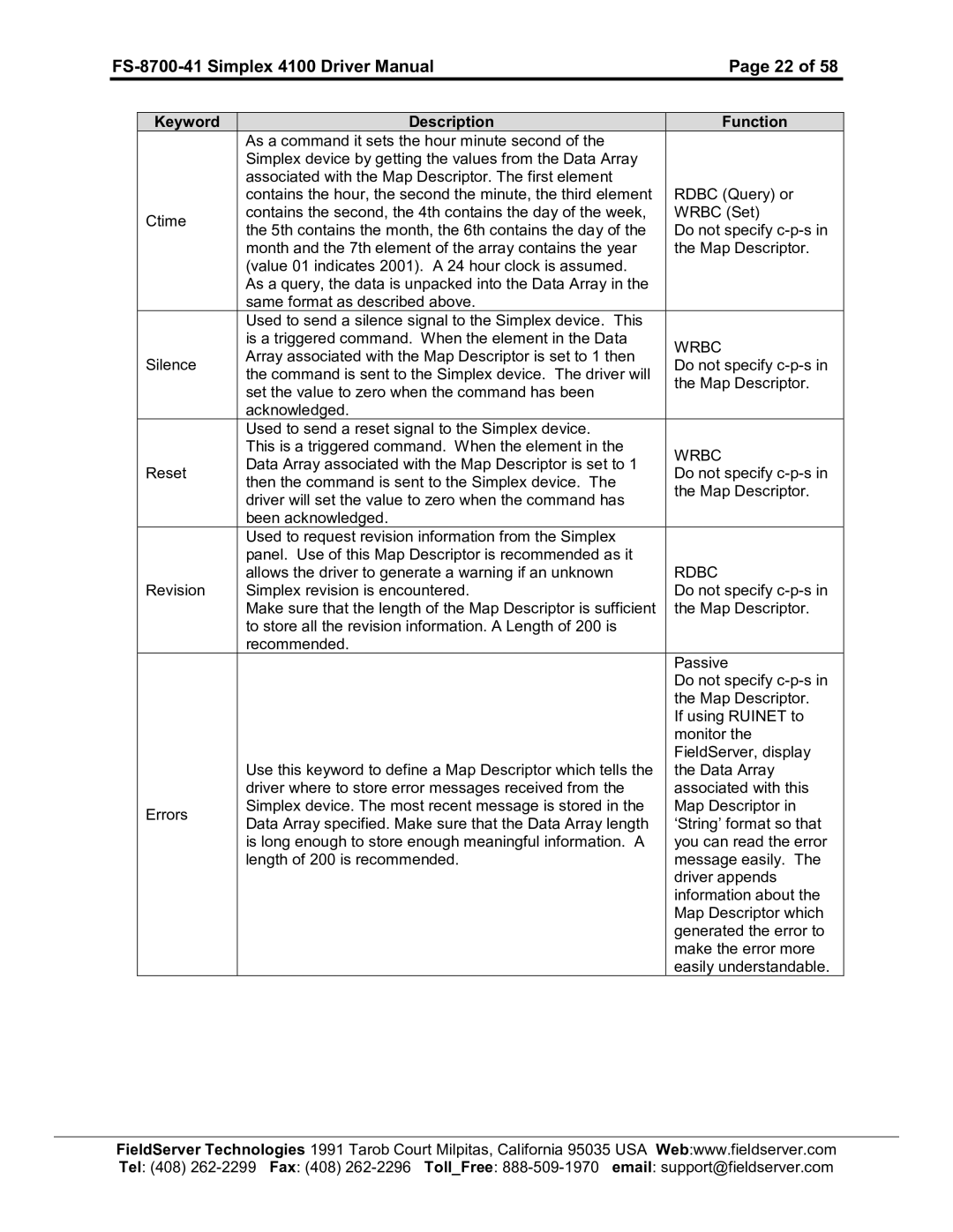 FieldServer instruction manual FS-8700-41 Simplex 4100 Driver Manual 