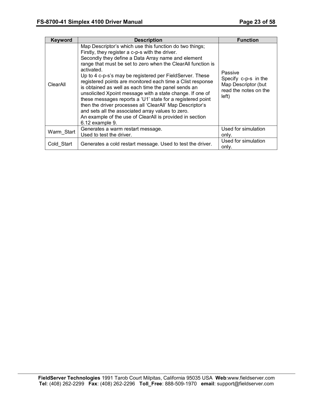 FieldServer instruction manual FS-8700-41 Simplex 4100 Driver Manual 