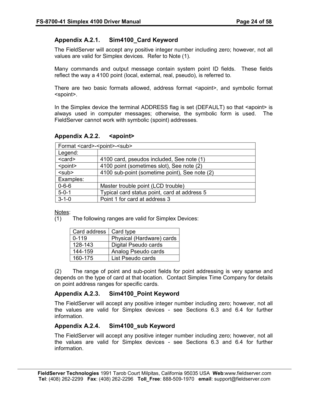 FieldServer FS-8700-41 Appendix A.2.1. Sim4100Card Keyword, Appendix A.2.2. apoint, Appendix A.2.3. Sim4100Point Keyword 