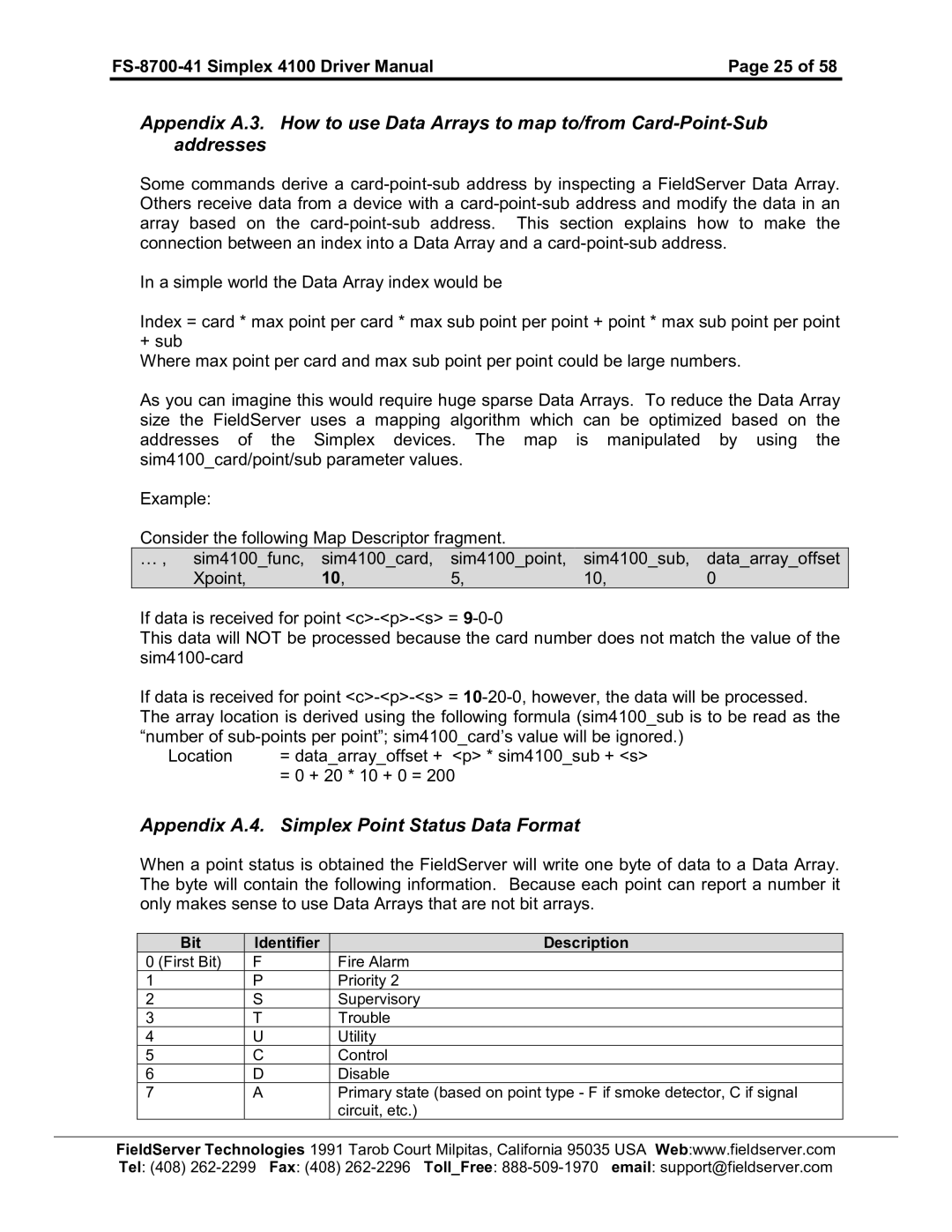 FieldServer FS-8700-41 instruction manual Appendix A.4. Simplex Point Status Data Format 