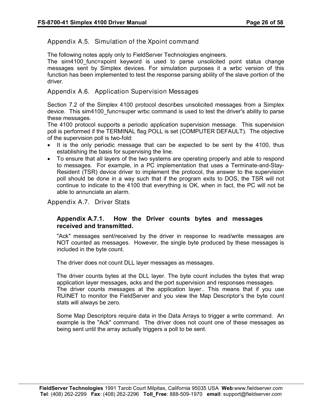 FieldServer FS-8700-41 Appendix A.5. Simulation of the Xpoint command, Appendix A.6. Application Supervision Messages 